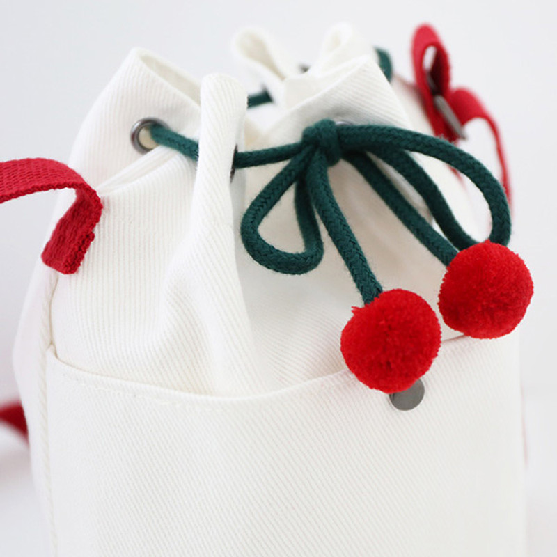 Cherry drawstring closure - ROMANE Cherry cotton crossbody bucket bag ver2