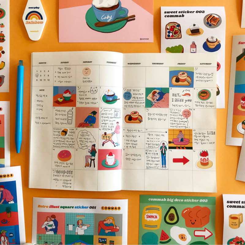 Usage example - Design comma-B Retro illustration squared paper sticker Usage example - Design comma-B Retro illustration squared paper sticker
