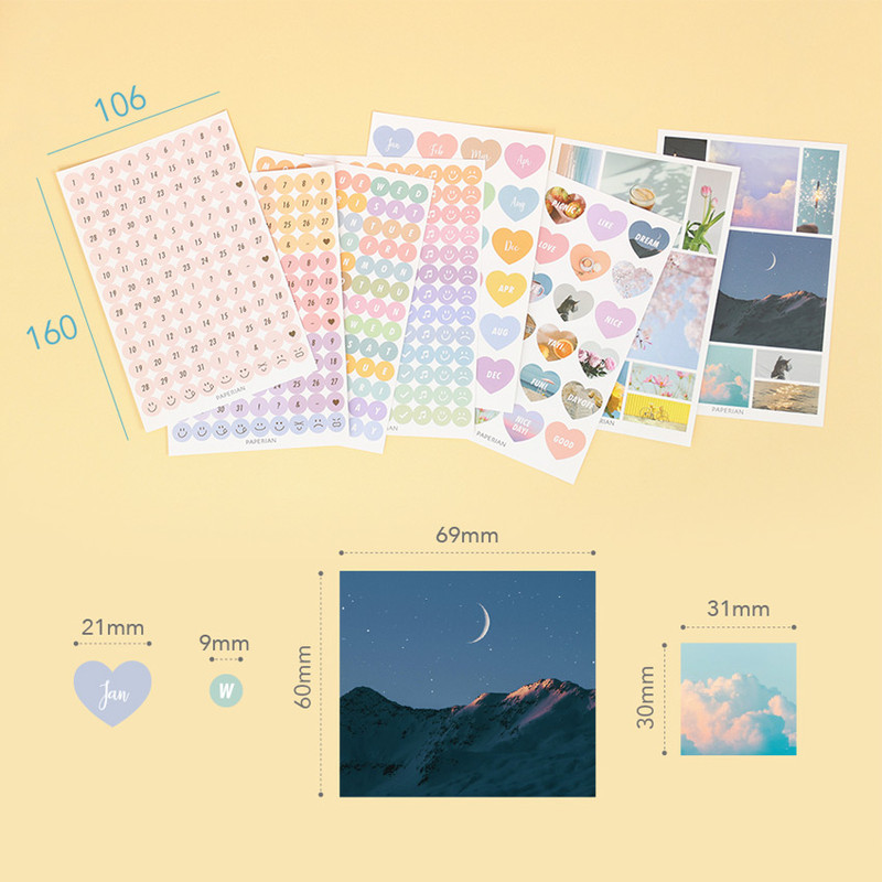 Size - PAPERIAN Diary deco removable sticker 8 sheets set Size - PAPERIAN Diary deco removable sticker 8 sheets set