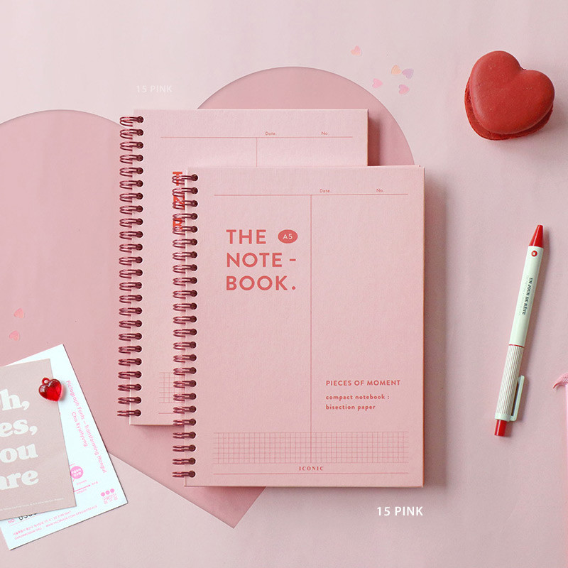 15 Pink - ICONIC Vertically half divided wire bound A5 grid notebook