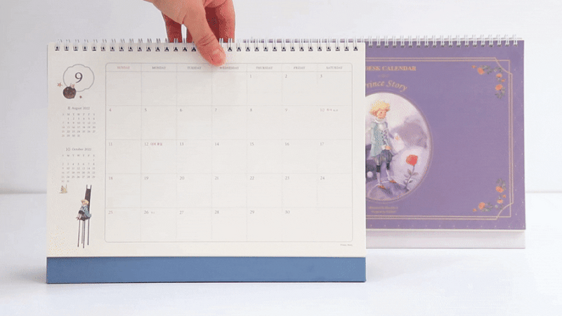 Usage example - Indigo 2022 Prince Story monthly desk standing calendar Usage example - Indigo 2022 Prince Story monthly desk standing calendar