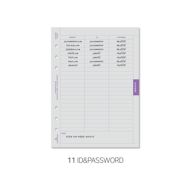 ID&PASSWORD - Second Mansion Planner paper Refills for A5 6 ring binder