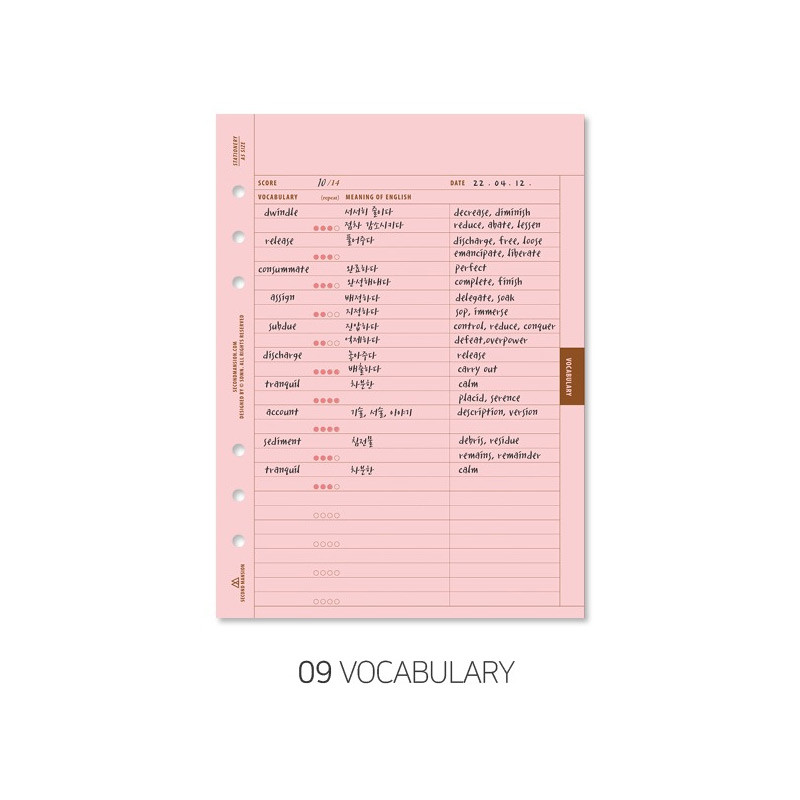 vocabulary - Second Mansion Planner paper Refills for A5 6 ring binder