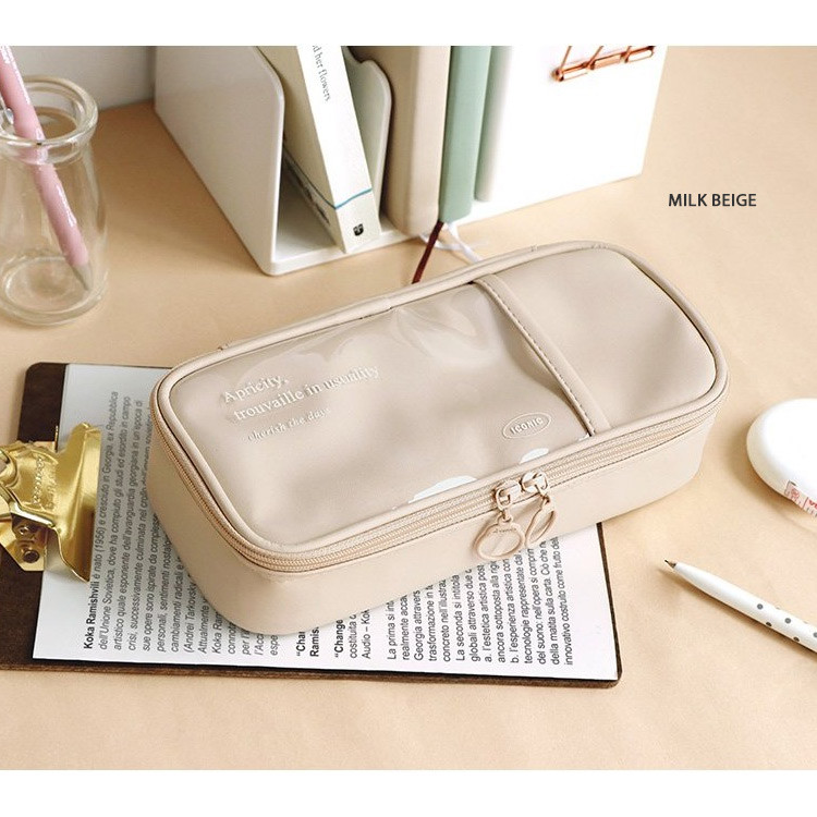 Milk beige - Collect Large Rectangular Leather Pencil Case