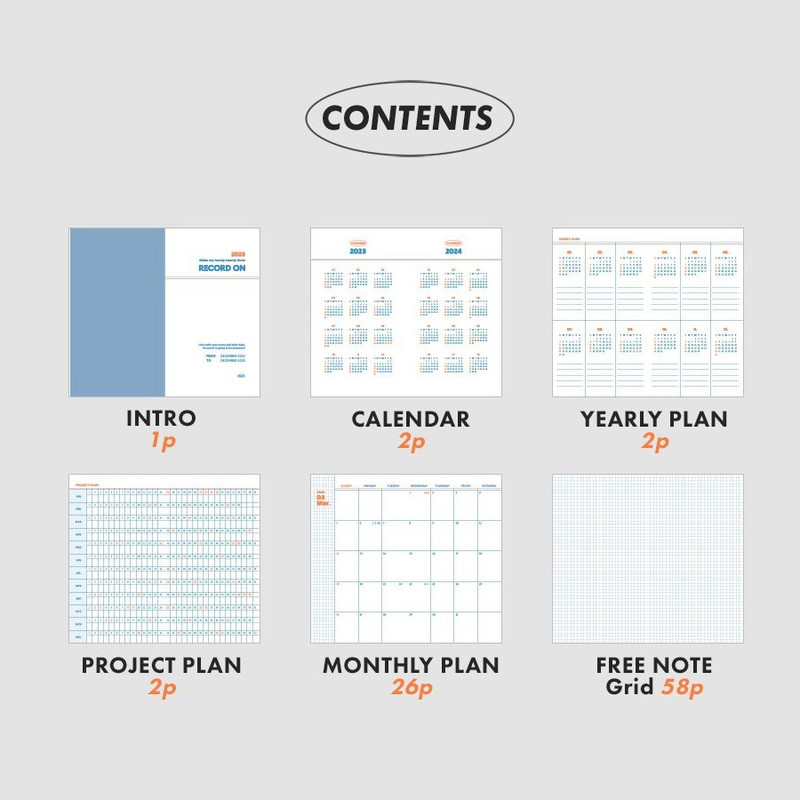 Contents - 2023 Record On Slim Dated Monthly Diary