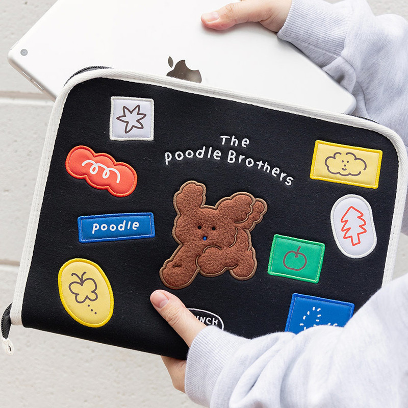 Black - ROMANE Poodle Brothers 11" iPad Tablet Zipper Case Bag