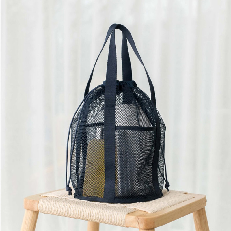 Navy - Travel Mesh Drawstring Bucket Bag Tote Ver2