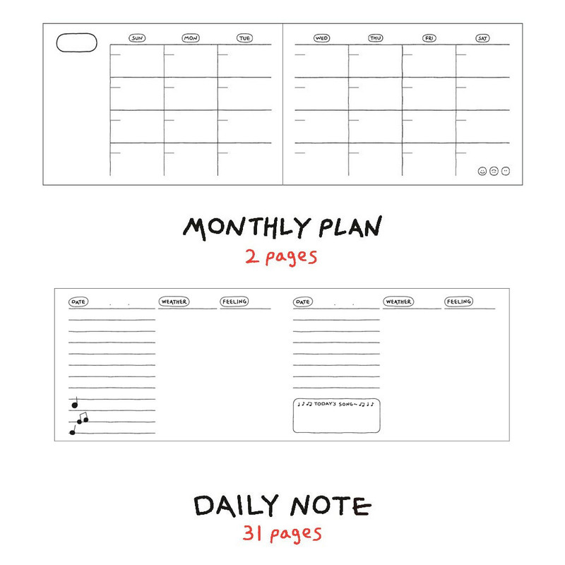 Monthly plan, Daily note - Doodle One Month Small Undated Daily Planner Notebook