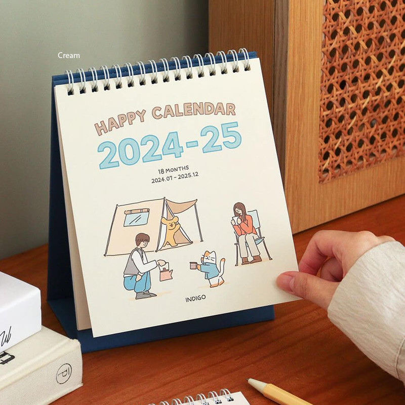 Beige - Indigo 2024-25 Happy 18 Months Stnading Desk Calendar