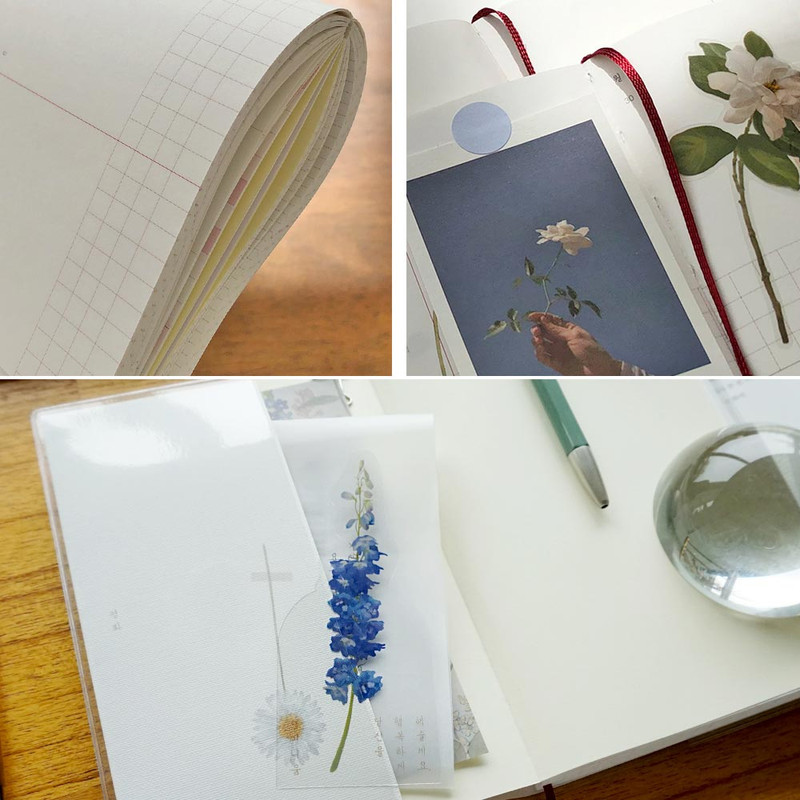 Opens flan, ribbon bookmark, PVC cover - Indocyder 2025 Tales of a Flowery Path Dated Weekly Planner