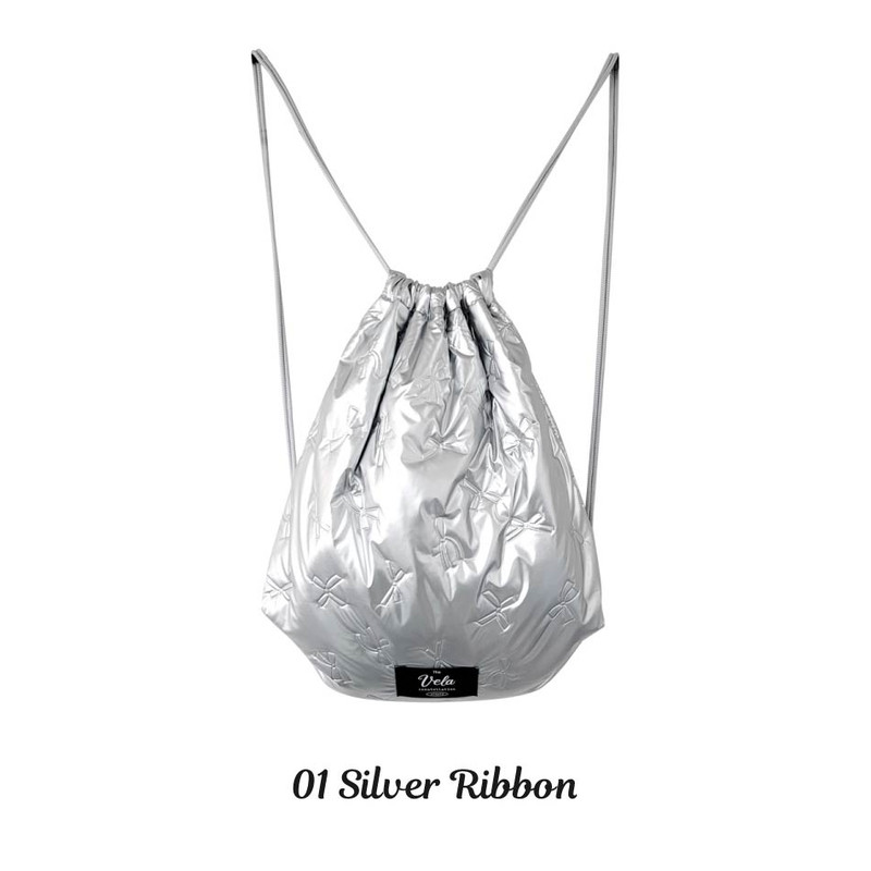 01 Silver Ribbon - Pleple Vela Fabric Drawstring Backpack
