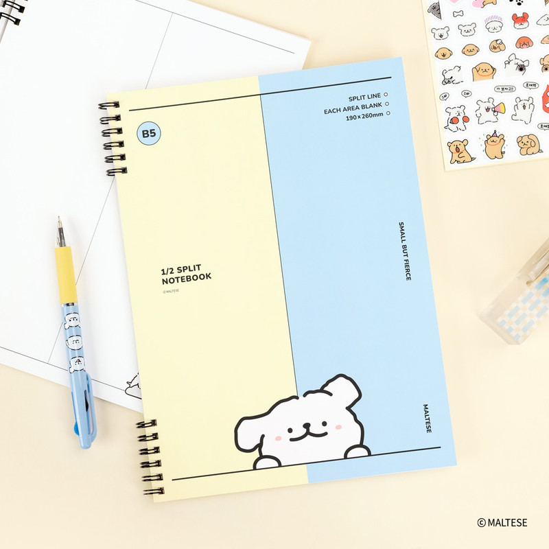 Sky Blue (Maltese) - Maltese Puppy B5 2-Section Divided Notebook