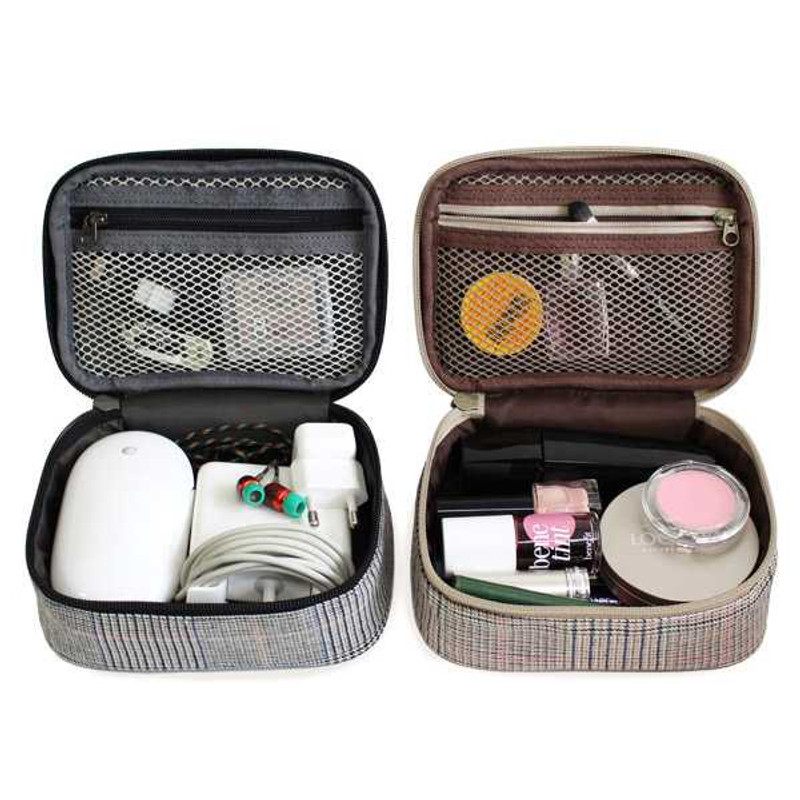 Indigo The basic canvas check pattern pouch with handle Indigo The basic canvas check pattern pouch with handle