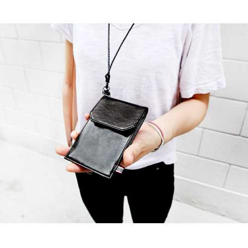 Indigo The basic M denim card case holder with neck strap