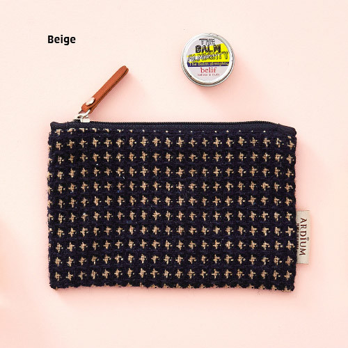 Beige - Wool pattern flat zipper small pouch