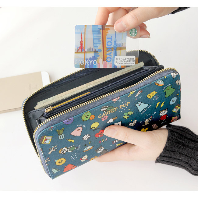 Navy - Ghost pop zip around medium long wallet