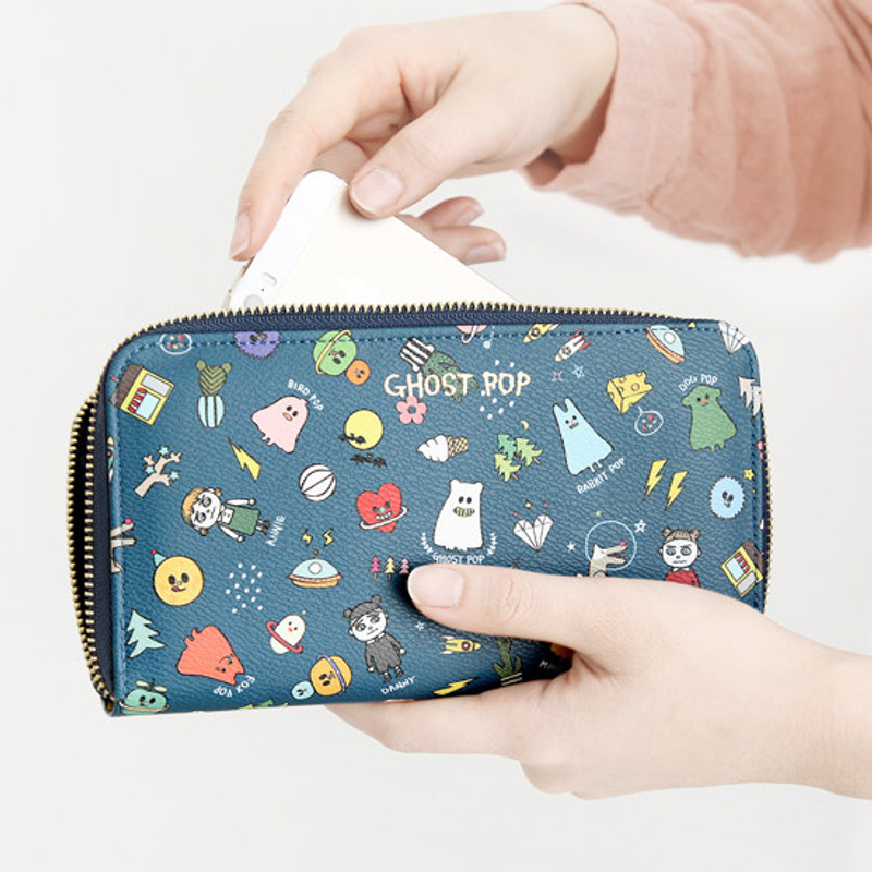 Navy - Ghost pop zip around medium long wallet