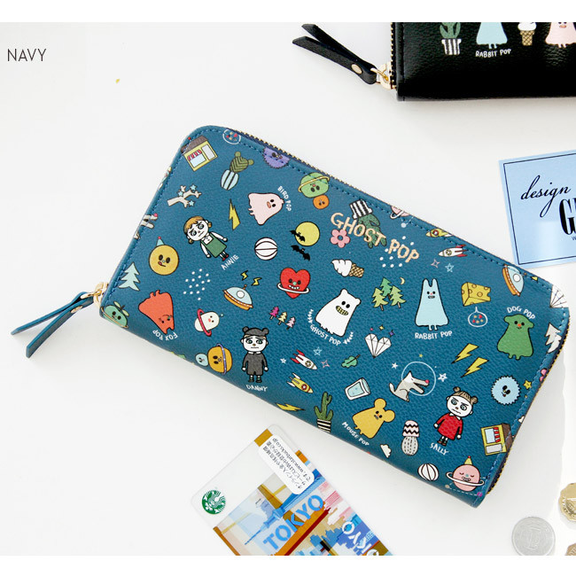 Navy - Ghost pop zip around medium long wallet