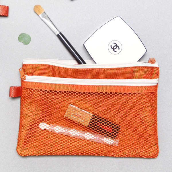 Orange - Double pocket mesh zipper pouch large