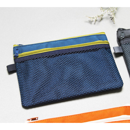 Navy - Double pocket mesh zipper pouch large
