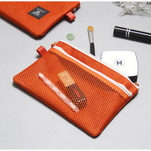 Orange - Double pocket mesh zipper pouch large