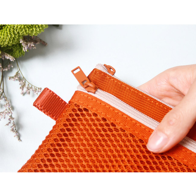 Orange - Double pocket mesh zipper pouch small
