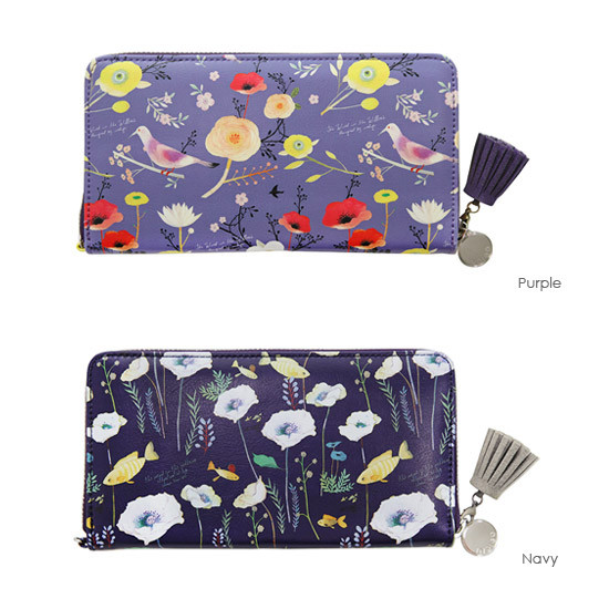 Purple, Navy - Willow story pattern zip around wallet with Tassle