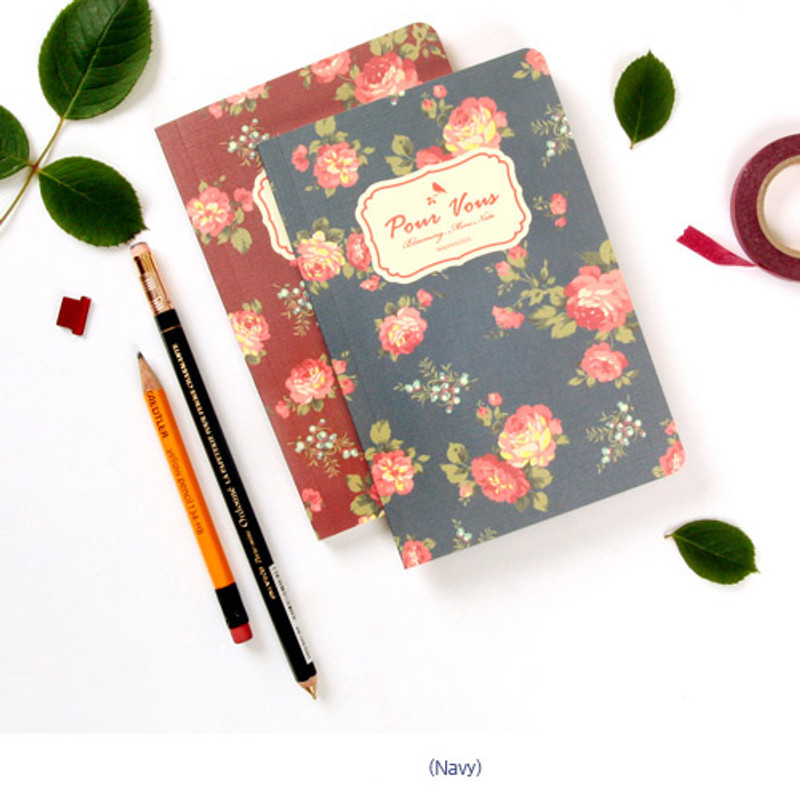 Navy - Blooming flower pattern lined notebook small  Navy - Blooming flower pattern lined notebook small