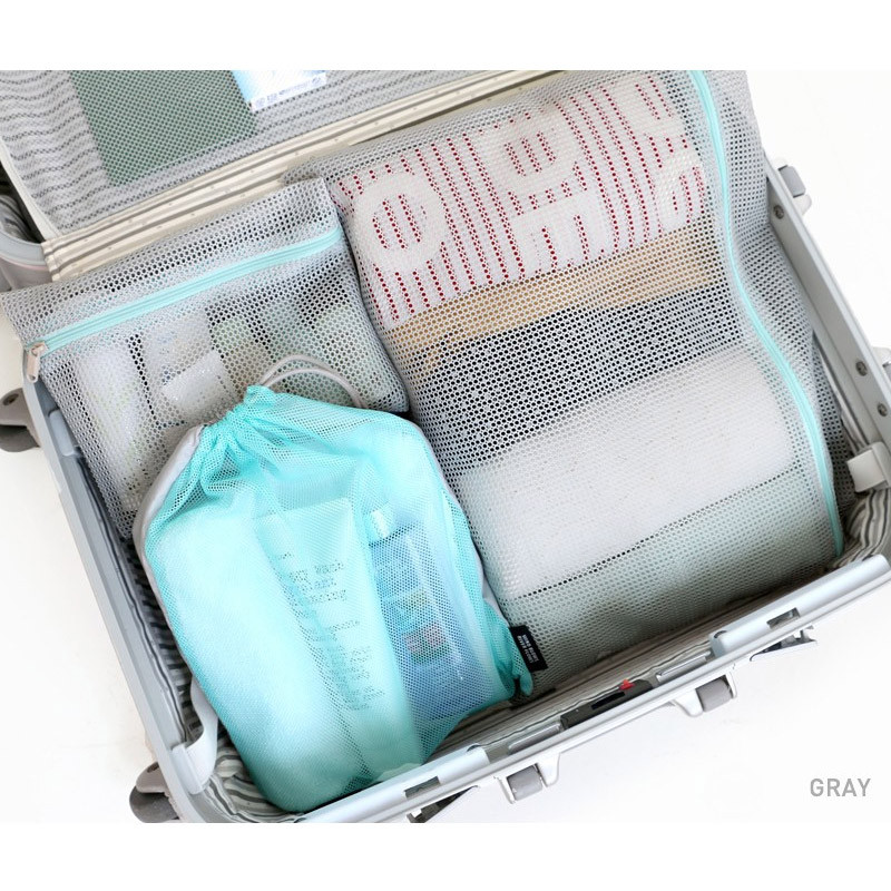 Gray - Mesh travel zipper pouch set