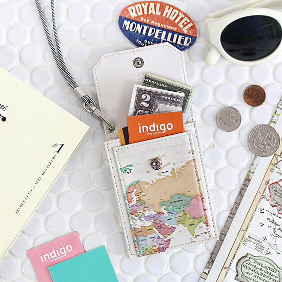 Cream pastel - World map pocket card case holder with neck strap 