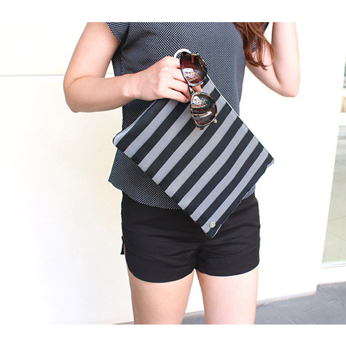 Stripe - The Basic denim large zipper pouch