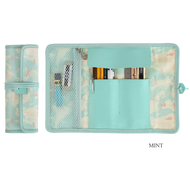 Mint - World map pattern roll pencil case