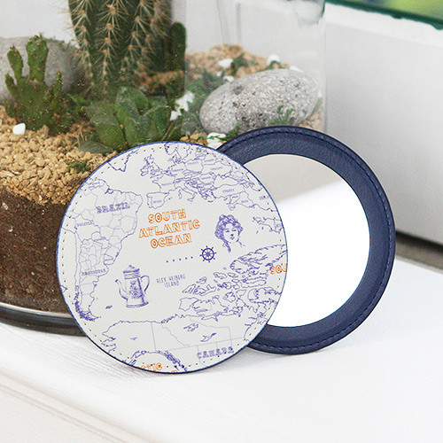 Line - World map pattern round handy mirror