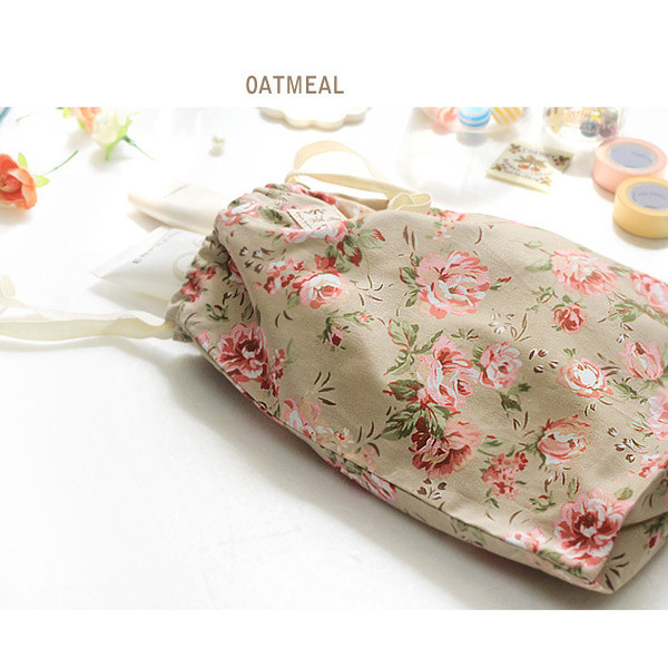 Oatmeal - Vintage flower pattern cotton drawstring pouch