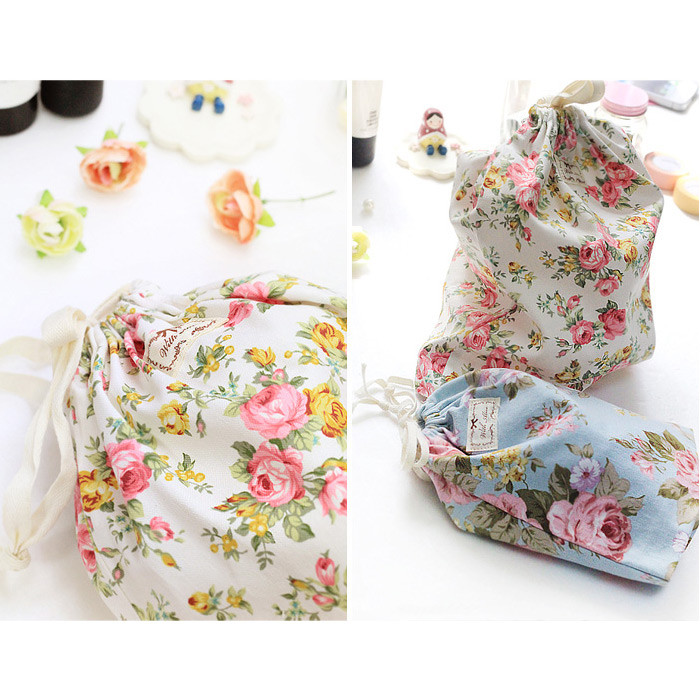 Vintage flower pattern cotton drawstring pouch