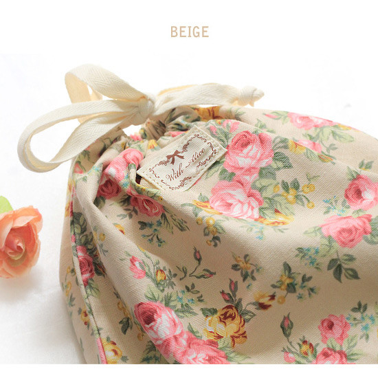 Beige - Vintage flower pattern cotton drawstring pouch