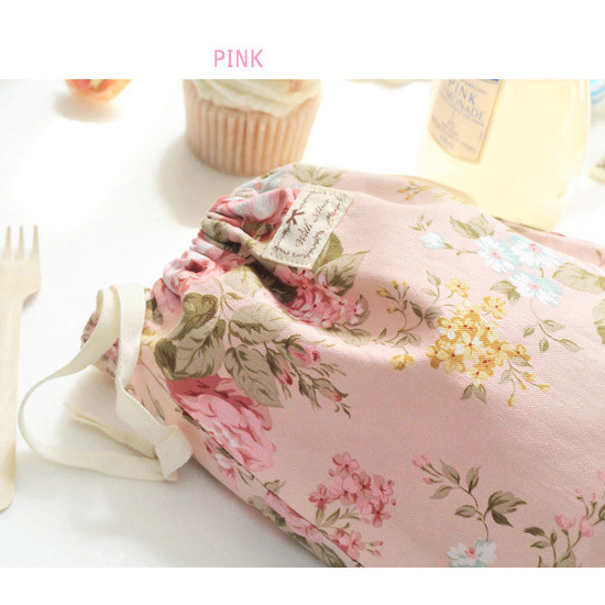 Pink - Vintage flower pattern cotton drawstring pouch
