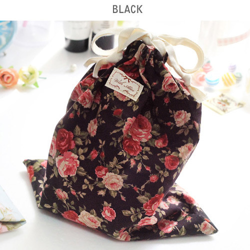 Black - Vintage flower pattern cotton drawstring pouch