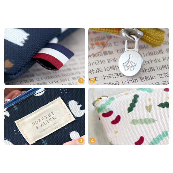 Detail of Dorothy and Alice pattern multi zipper pouch