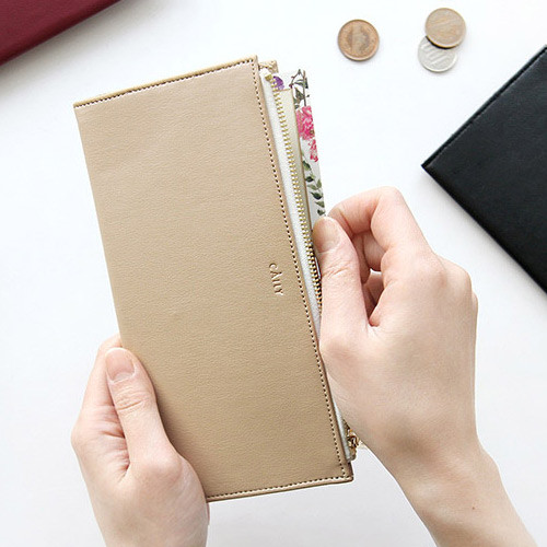 Beige - Caily flat long zipper wallet