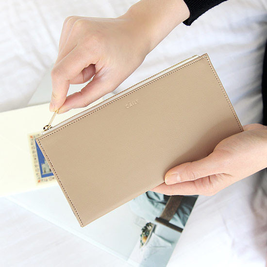 Beige - Caily flat long zipper wallet