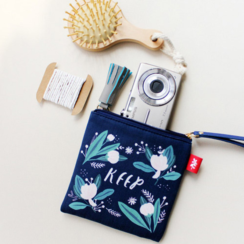 Keep navy - Rim pattern cotton square zipper pouch