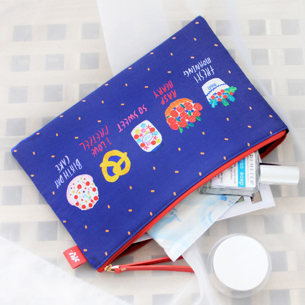 Blue sweets - Rim pattern cotton slim zipper pouch (Large)