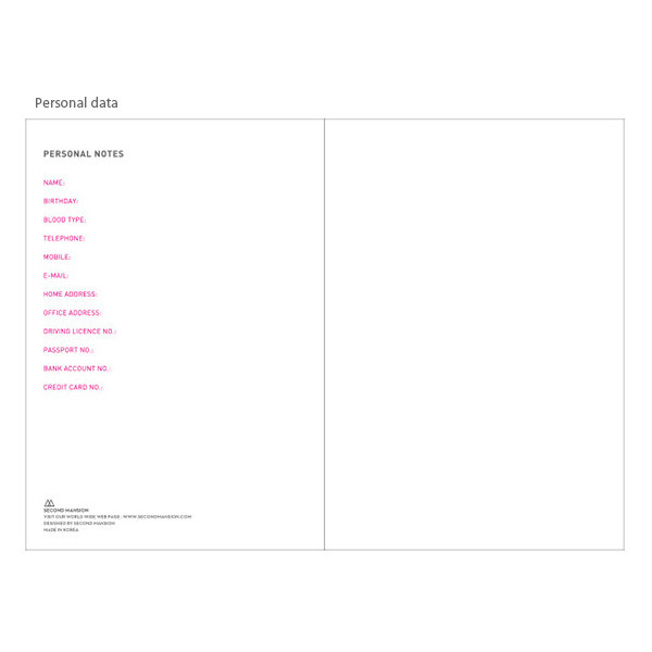 Personal data - Spring of life undated diary scheduler