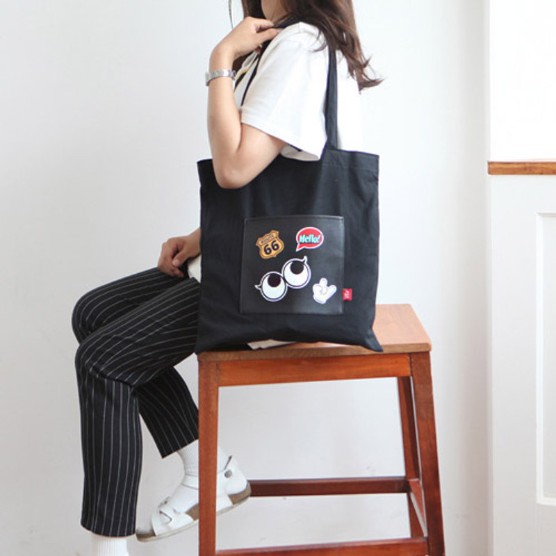 Black - Afternoon Hello cotton shoulder tote bag