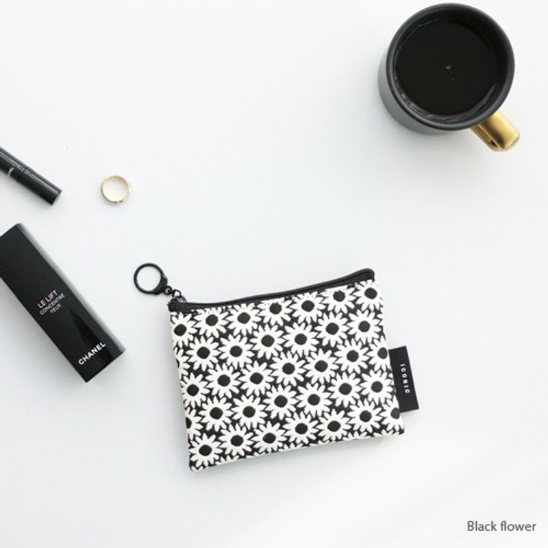 Black flower - Plain pattern small flat zipper pouch Black flower - Plain pattern small flat zipper pouch