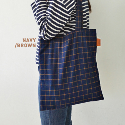 Navy / brown- Daily check ecobag shoulder tote bag 