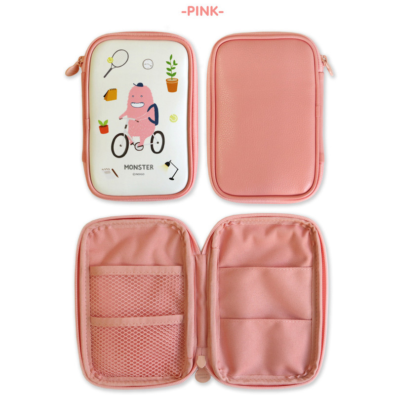 Pink - Indigo Monster wide zip around pencil case 