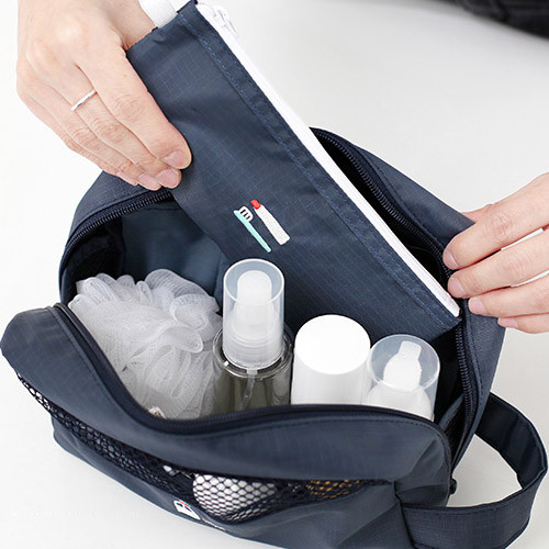 Travel toiletry bag with hand strap