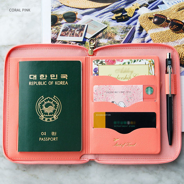 Coral pink - Travel brief zip around pocket wallet organizer